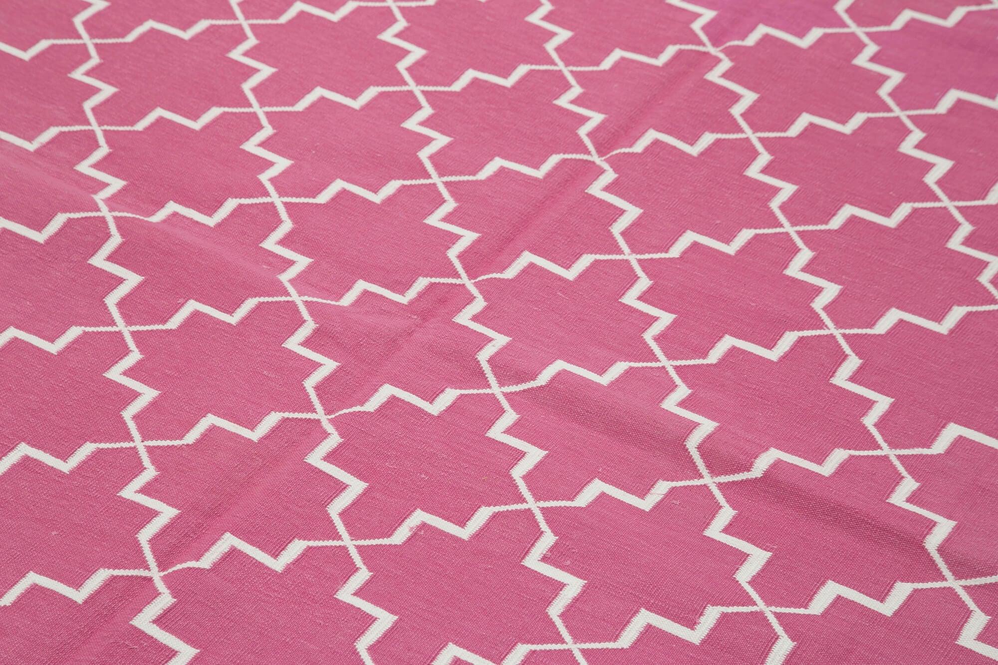 Geometric Duri Pembe Geometrik Pamuk Yün El Dokuma Halısı 183x277 Agacan