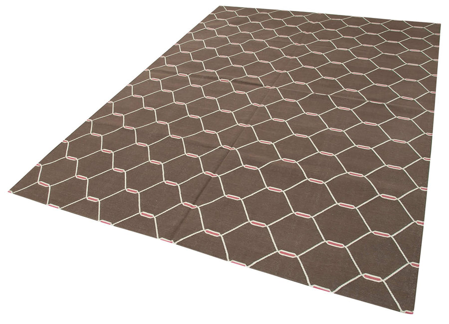Geometric Duri Kahverengi Geometrik Pamuk Yün El Dokuma Halısı 190x273 Agacan