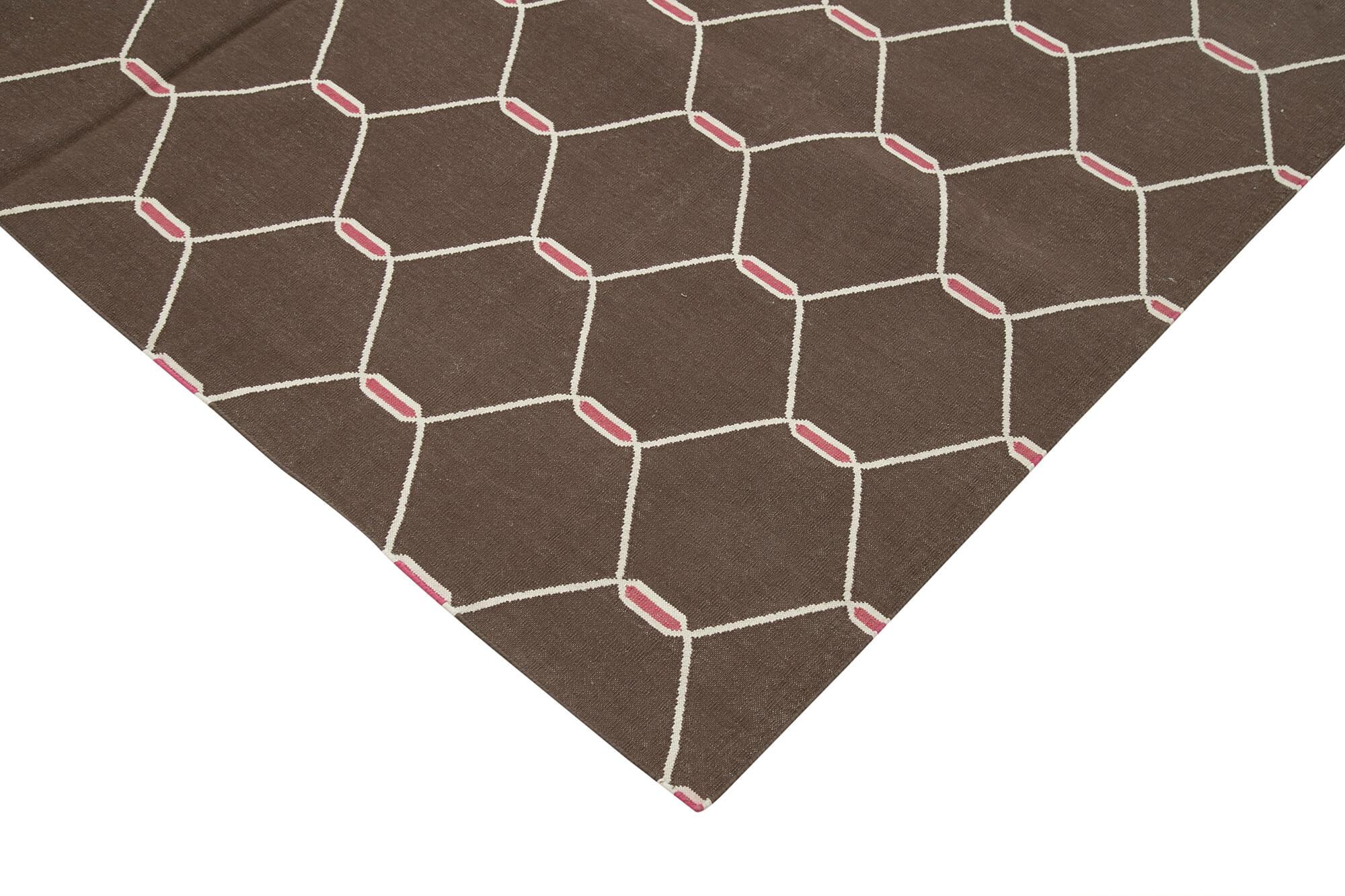 Geometric Duri Kahverengi Geometrik Pamuk Yün El Dokuma Halısı 190x273 Agacan