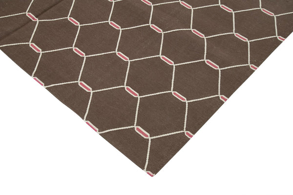 Geometric Duri Kahverengi Geometrik Pamuk Yün El Dokuma Halısı 190x273 Agacan