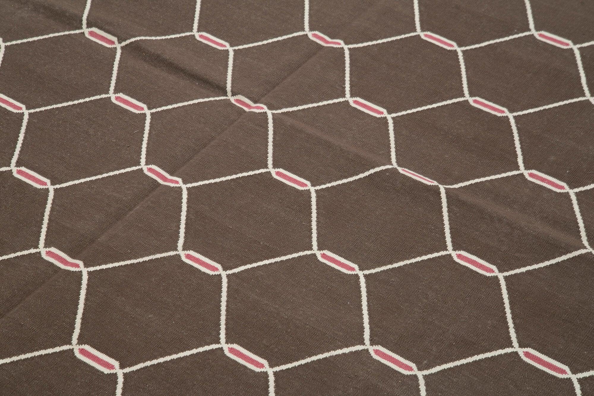 Geometric Duri Kahverengi Geometrik Pamuk Yün El Dokuma Halısı 190x273 Agacan