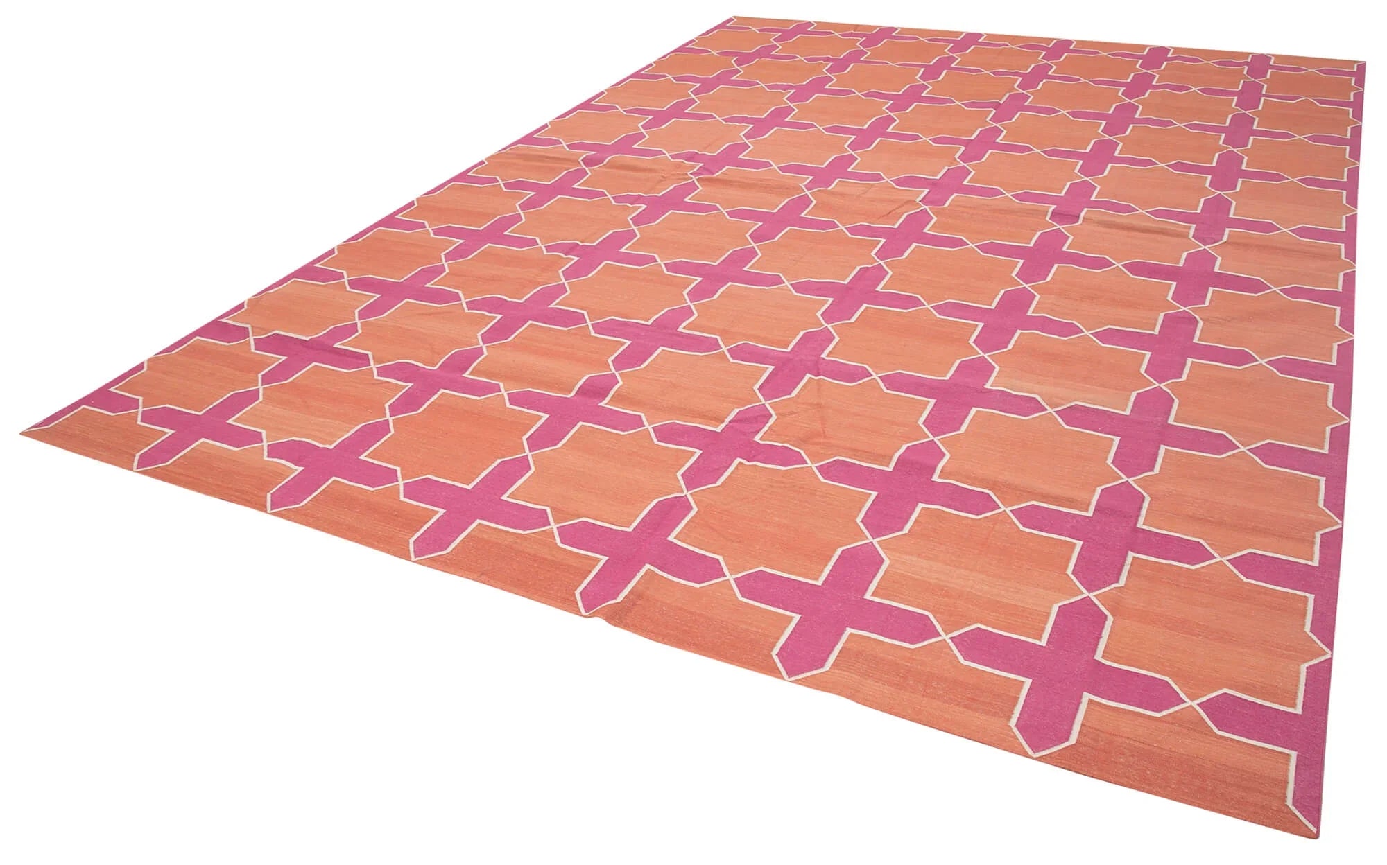 Geometric Duri Pembe Geometrik Pamuk Yün El Dokuma Halısı 307x418 Agacan