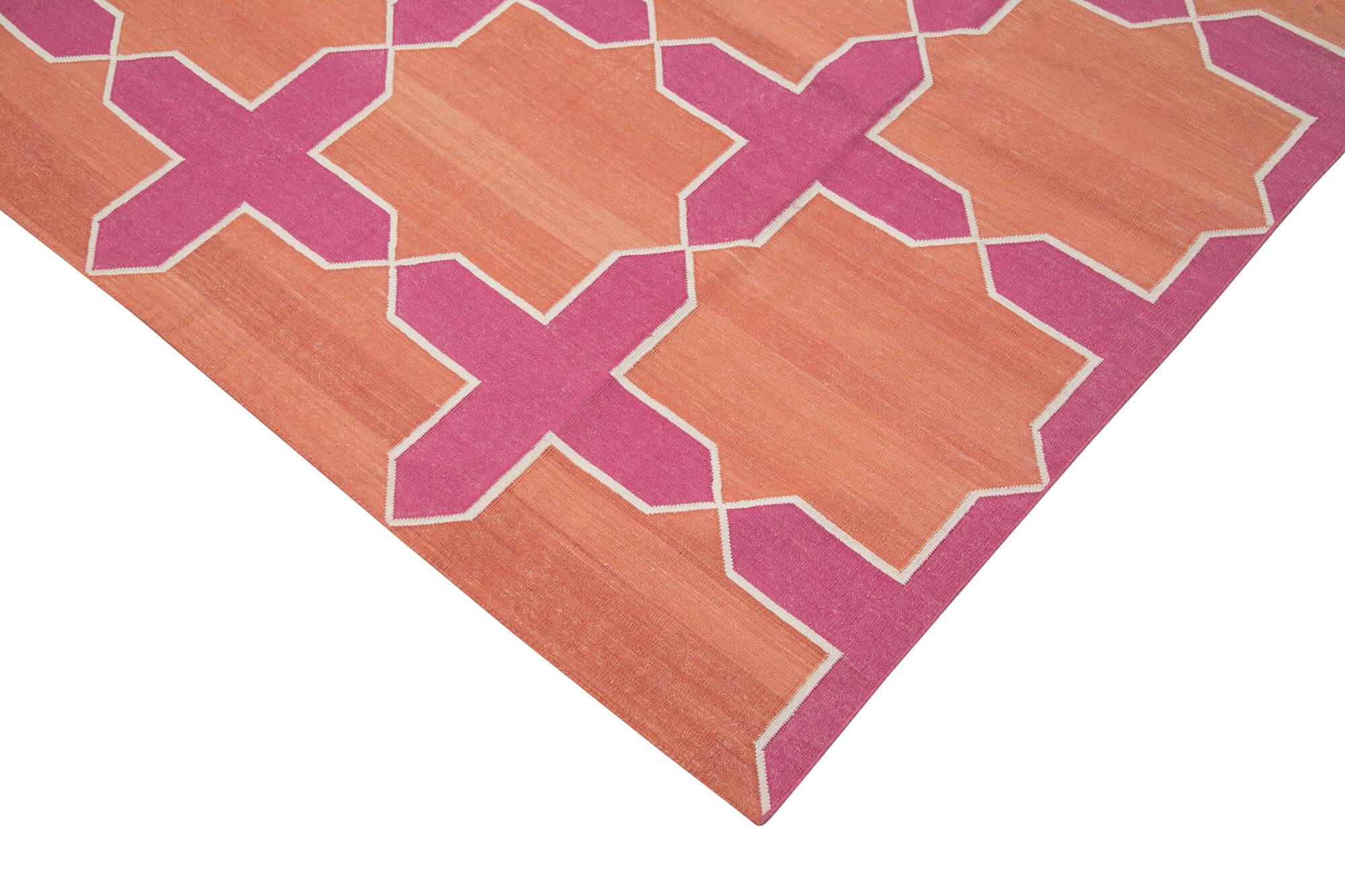 Geometric Duri Pembe Geometrik Pamuk Yün El Dokuma Halısı 307x418 Agacan