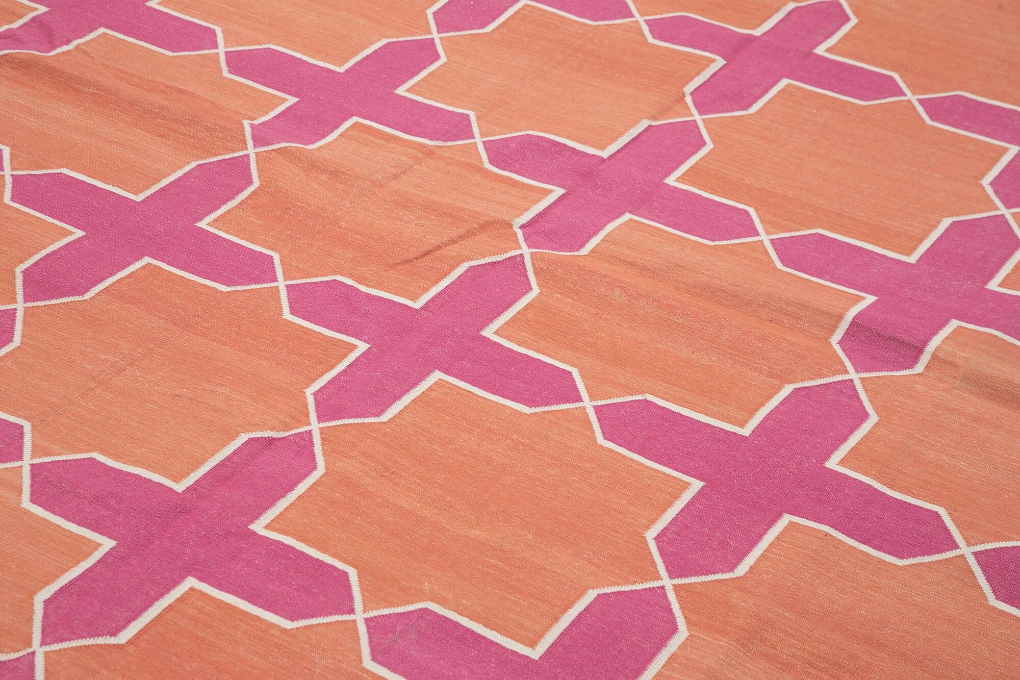 Geometric Duri Pembe Geometrik Pamuk Yün El Dokuma Halısı 307x418 Agacan