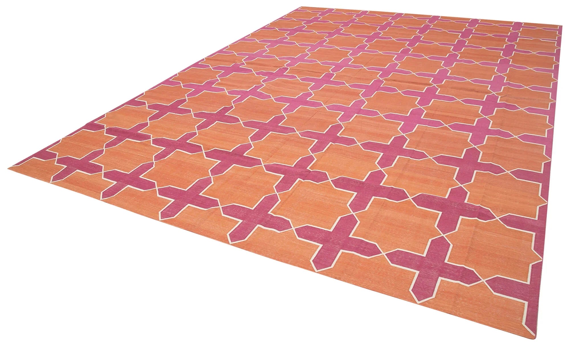 Geometric Duri Turuncu Geometrik Pamuk Yün El Dokuma Halısı 306x420 Agacan
