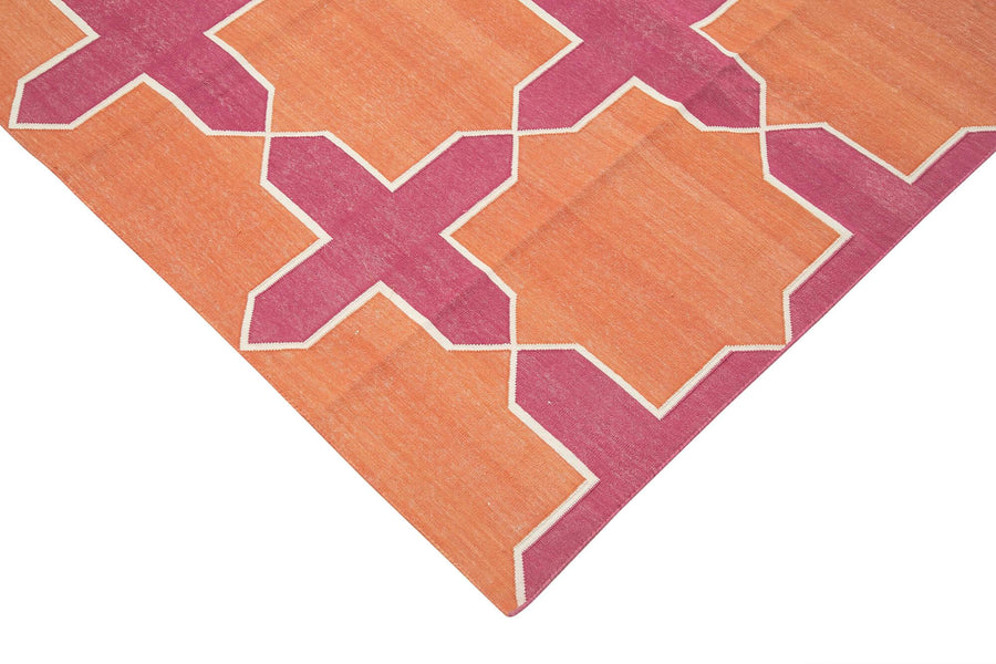 Orange & Pink Geometric Flatweave Kilim Rug 306x420 cm (10' x 13'9") – in the living room