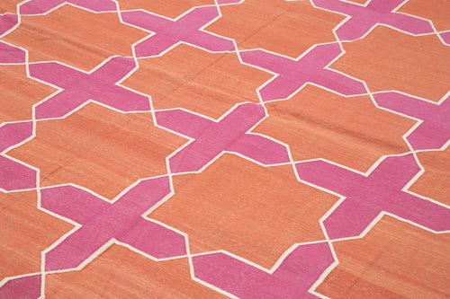 Geometric Duri Turuncu Geometrik Pamuk Yün El Dokuma Halısı 306x420 Agacan