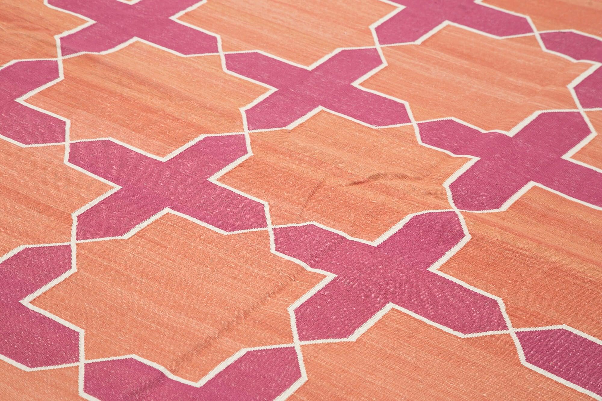 Geometric Duri Turuncu Geometrik Pamuk Yün El Dokuma Halısı 314x430 Agacan