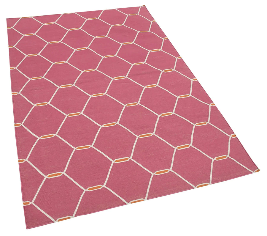 Geometric Duri Pembe Geometrik Pamuk Yün El Dokuma Halısı 108x172 Agacan