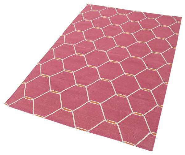 Geometric Duri Pembe Geometrik Pamuk Yün El Dokuma Halısı 108x172 Agacan