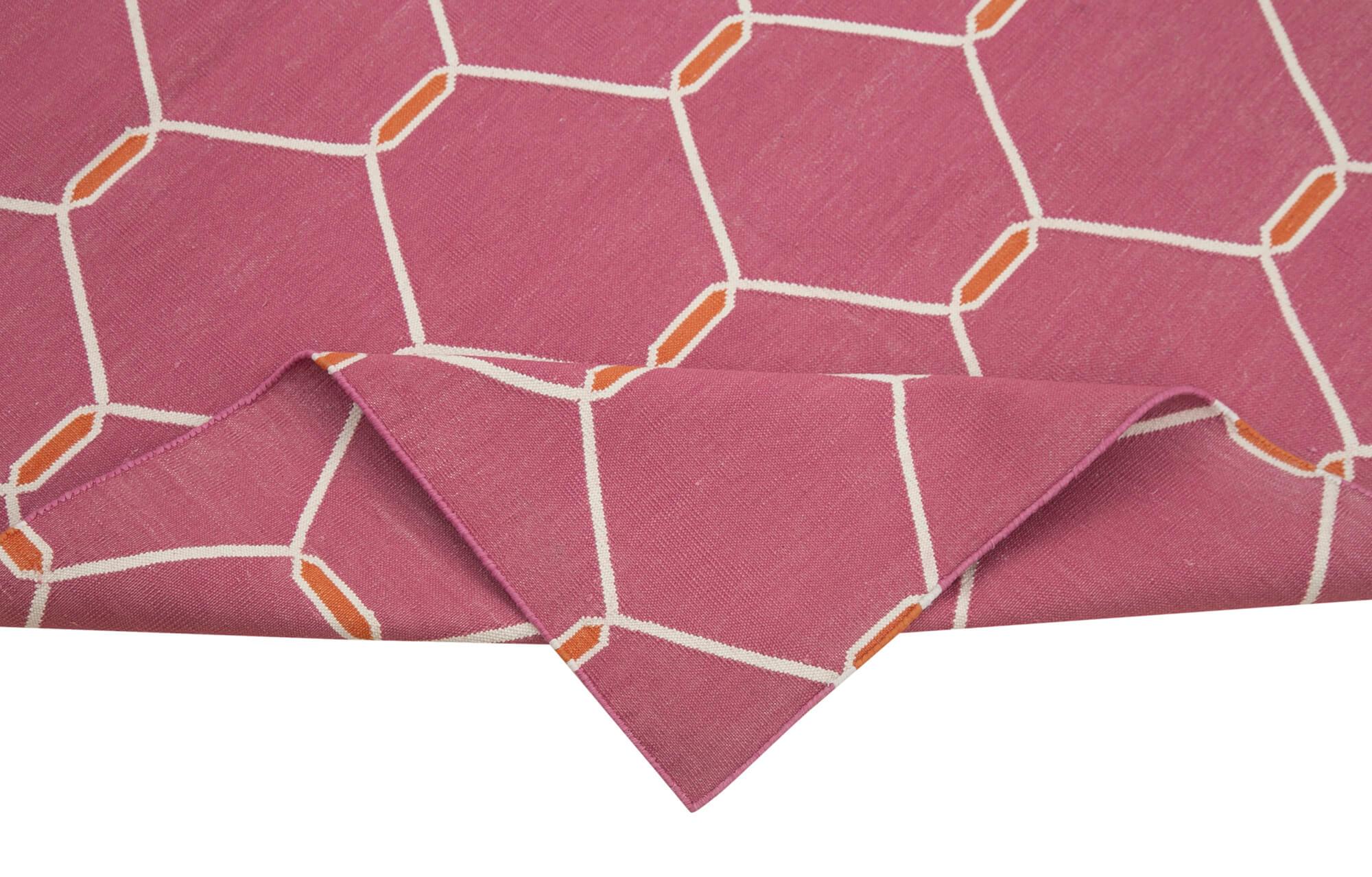 Geometric Duri Pembe Geometrik Pamuk Yün El Dokuma Halısı 108x172 Agacan