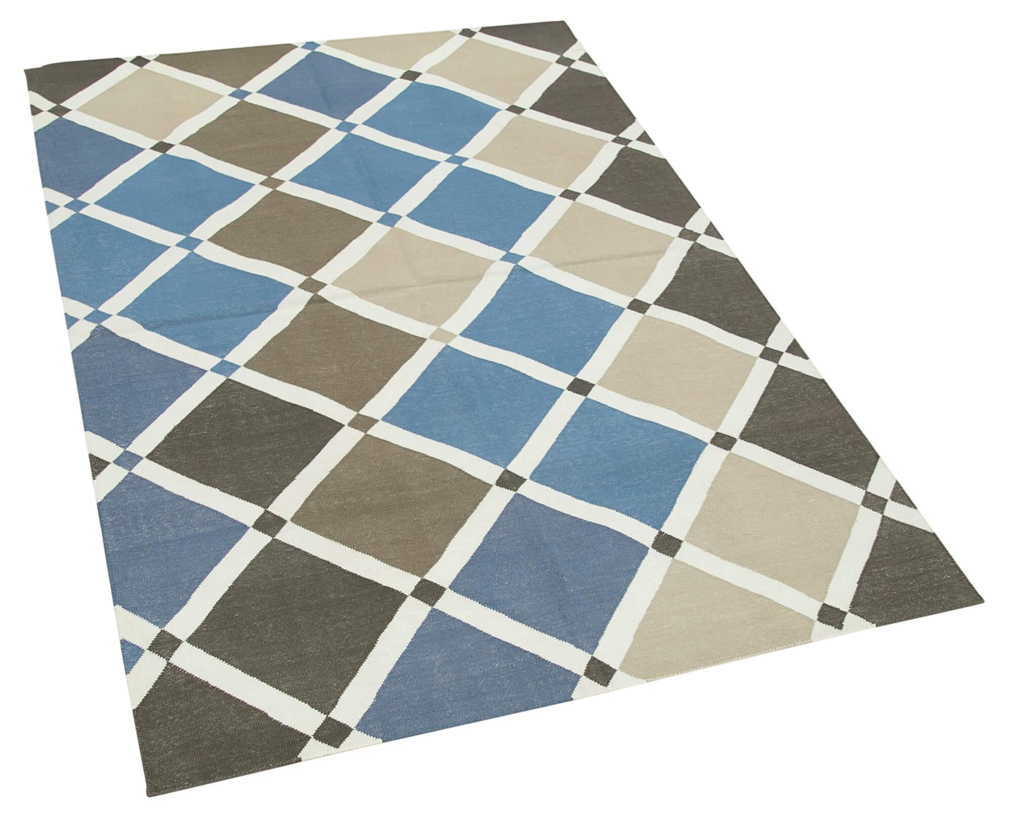 Geometric Duri Mavi Geometrik Pamuk Yün El Dokuma Halısı 106x161 Agacan