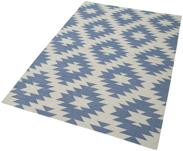 Geometric Duri Mavi Geometrik Pamuk Yün El Dokuma Halısı 112x164 Agacan
