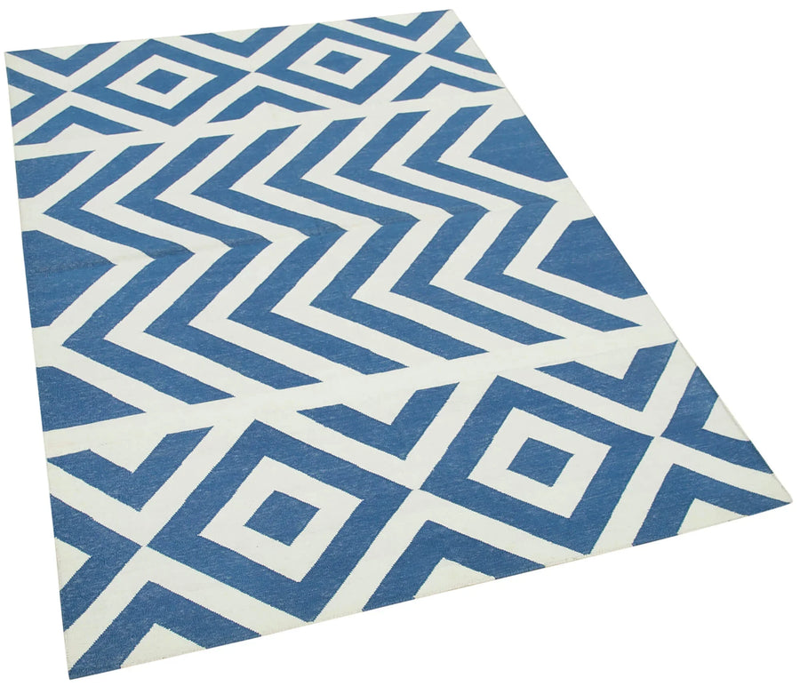 Geometric Duri Mavi Geometrik Pamuk Yün El Dokuma Halısı 110x165 Agacan