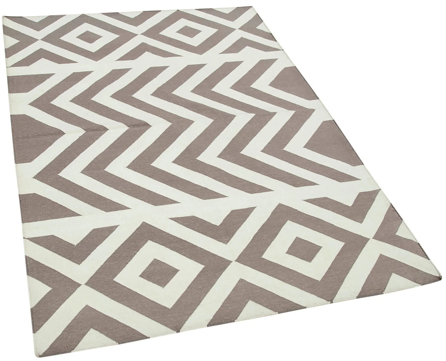 Geometric Duri Kahverengi Geometrik Pamuk Yün El Dokuma Halısı 115x167 Agacan