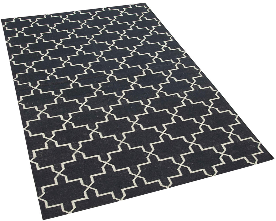 Geometric Duri Siyah Geometrik Pamuk Yün El Dokuma Halısı 106x169 Agacan