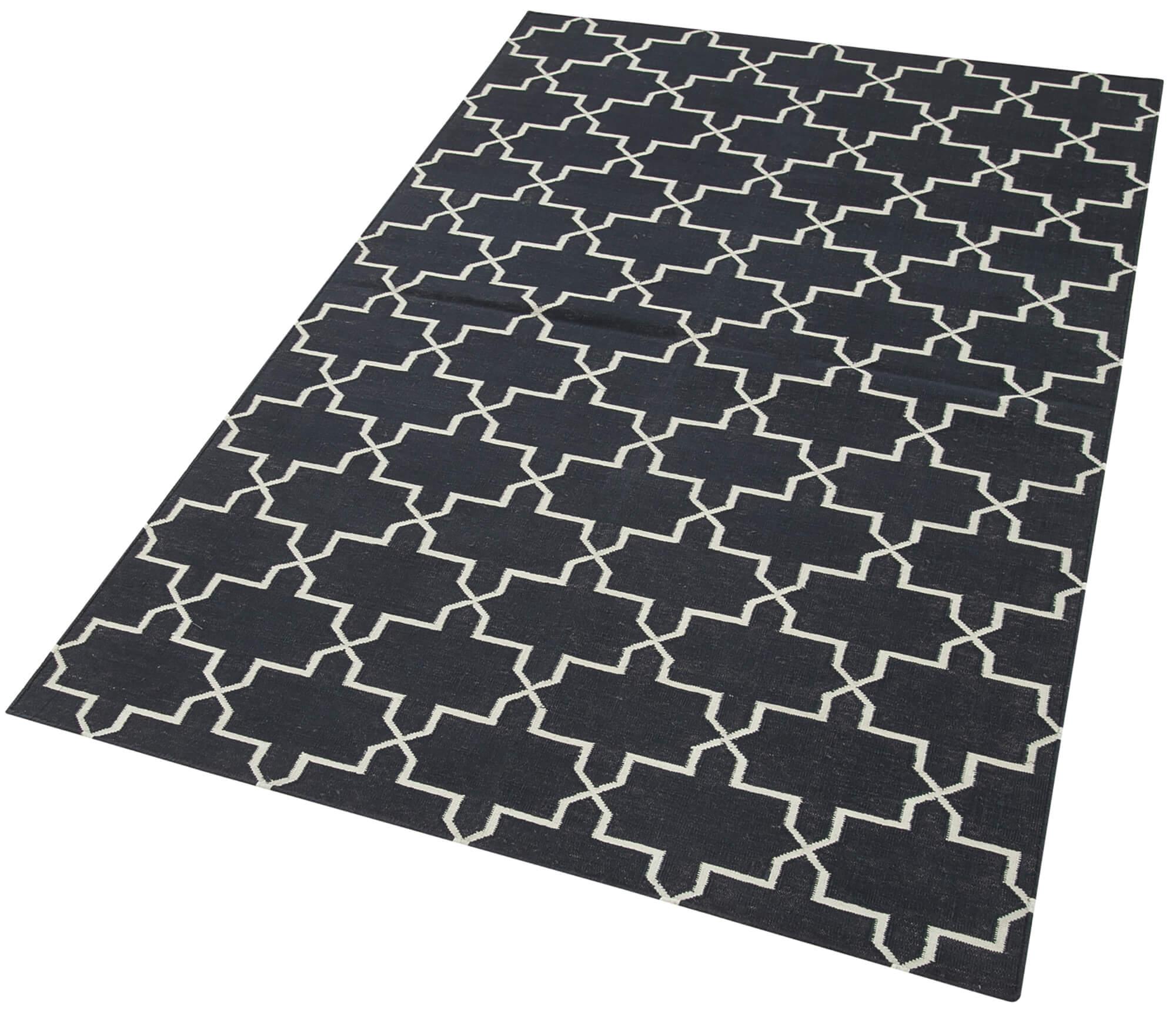Geometric Duri Siyah Geometrik Pamuk Yün El Dokuma Halısı 106x169 Agacan