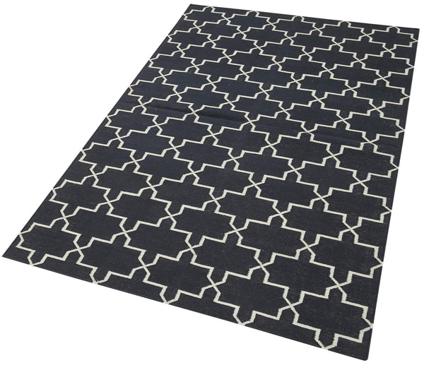 Geometric Duri Siyah Geometrik Pamuk Yün El Dokuma Halısı 106x169 Agacan