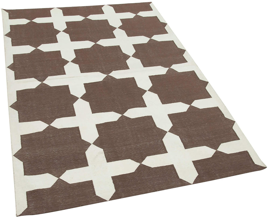 Geometric Duri Kahverengi Geometrik Pamuk Yün El Dokuma Halısı 115x170 Agacan
