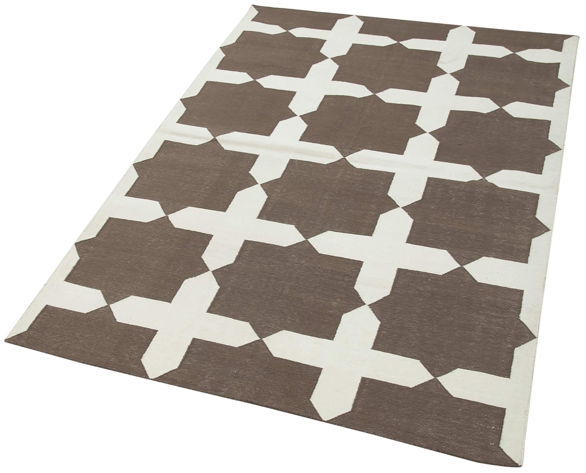 Geometric Duri Kahverengi Geometrik Pamuk Yün El Dokuma Halısı 115x170 Agacan