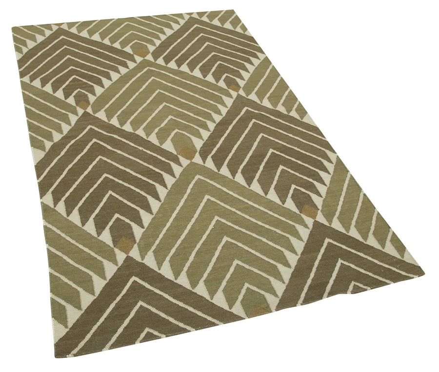 Geometric Duri Yeşil Geometrik Pamuk Yün El Dokuma Halısı 107x172 Agacan