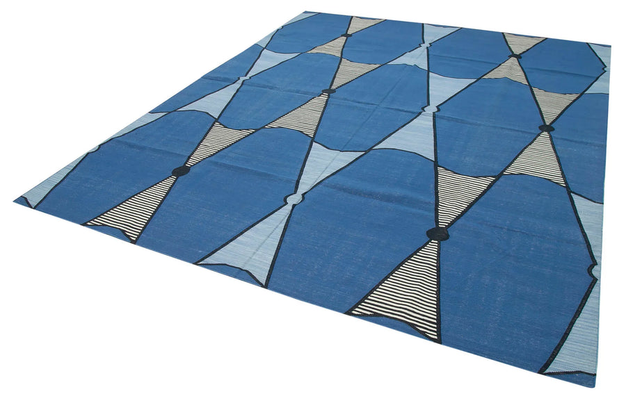 Geometric Duri Mavi Geometrik Pamuk Yün El Dokuma Halısı 243x298 Agacan