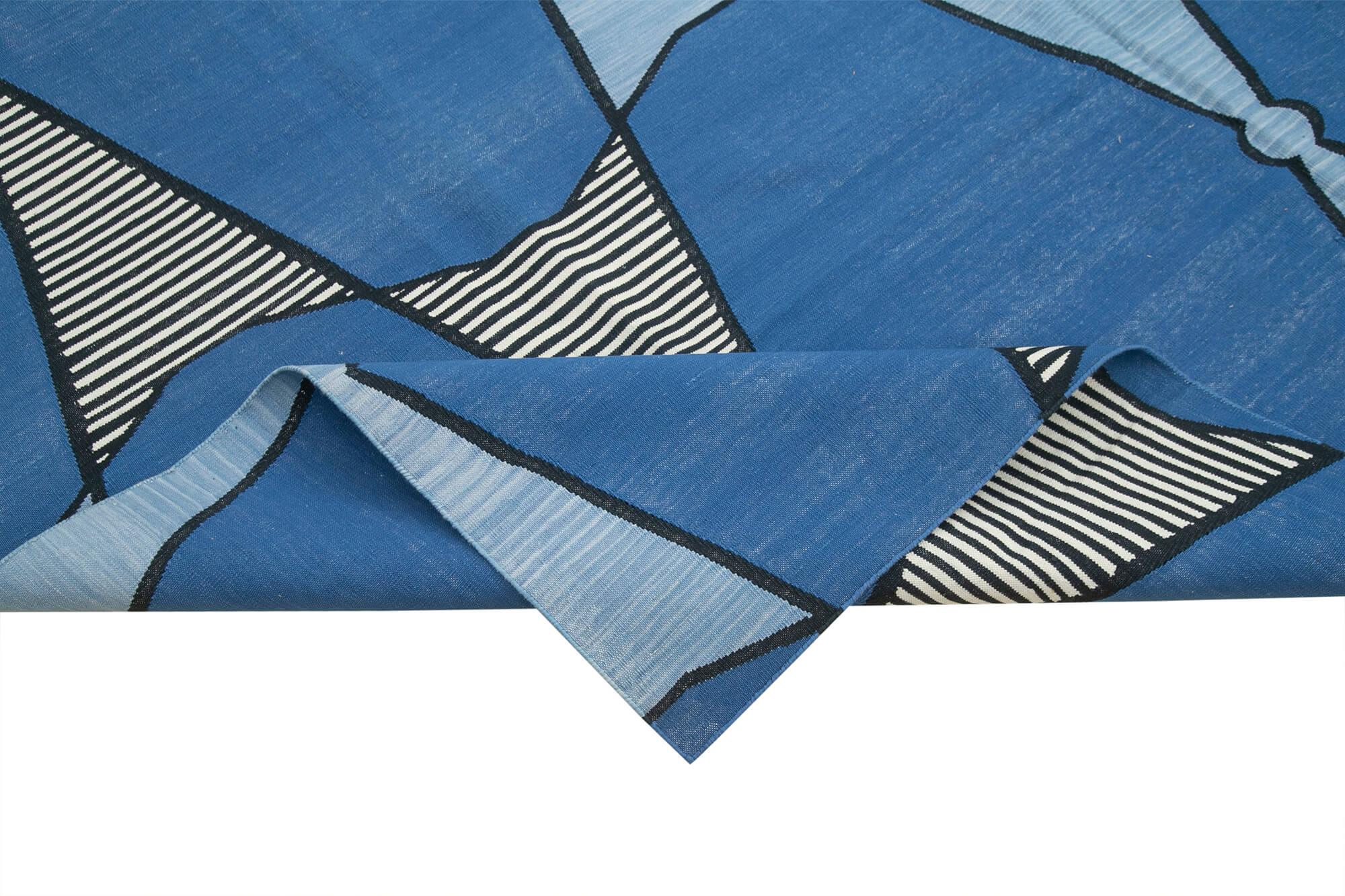 Geometric Duri Mavi Geometrik Pamuk Yün El Dokuma Halısı 243x298 Agacan