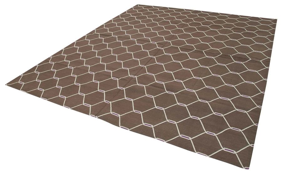 Geometric Duri Kahverengi Geometrik Pamuk Yün El Dokuma Halısı 250x296 Agacan