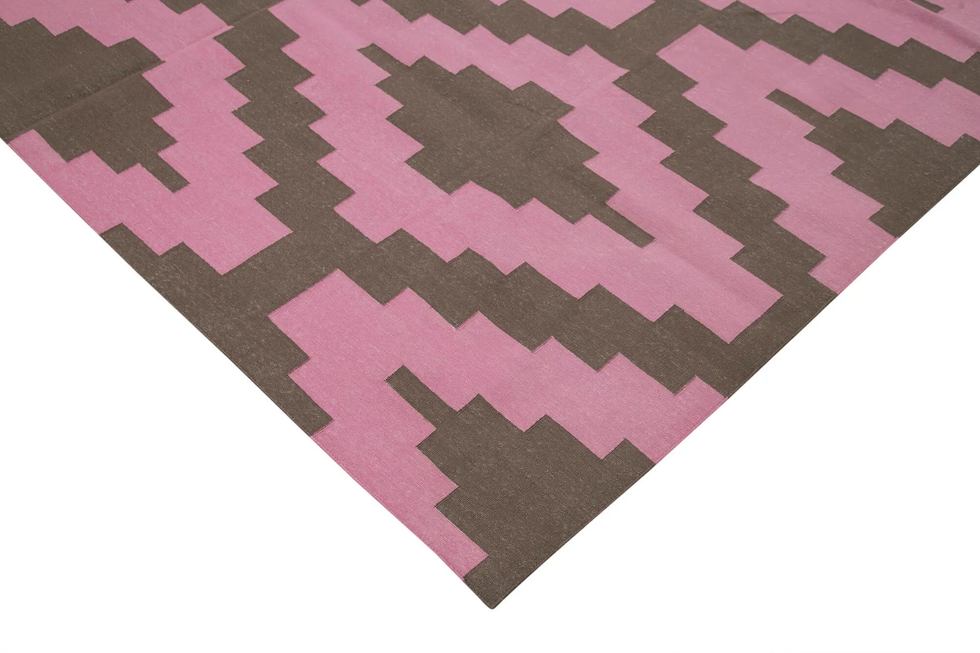Geometric Duri Pembe Geometrik Pamuk Yün El Dokuma Halısı 245x300 Agacan