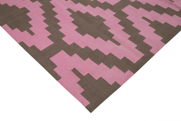 Geometric Duri Pembe Geometrik Pamuk Yün El Dokuma Halısı 245x300 Agacan