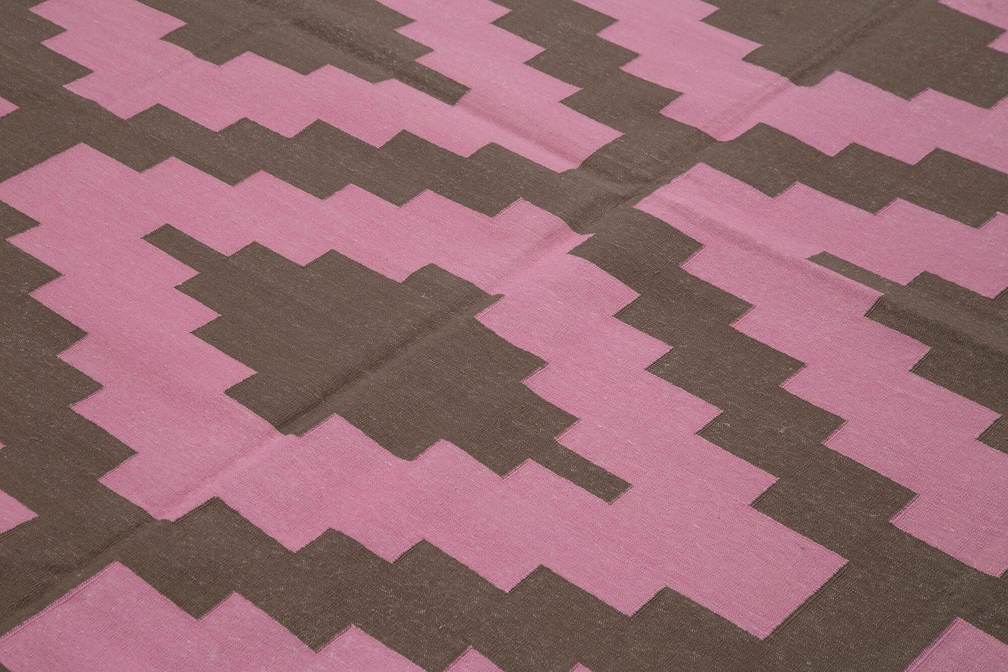 Geometric Duri Pembe Geometrik Pamuk Yün El Dokuma Halısı 245x300 Agacan