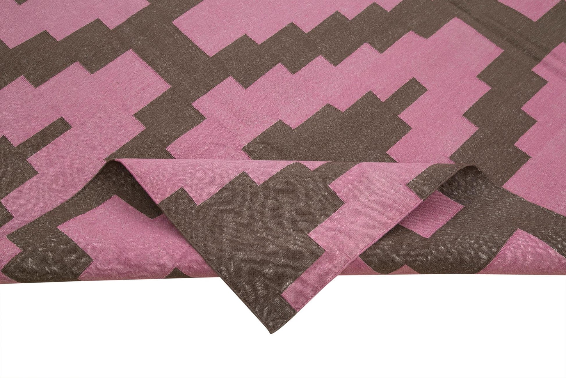 Geometric Duri Pembe Geometrik Pamuk Yün El Dokuma Halısı 245x300 Agacan