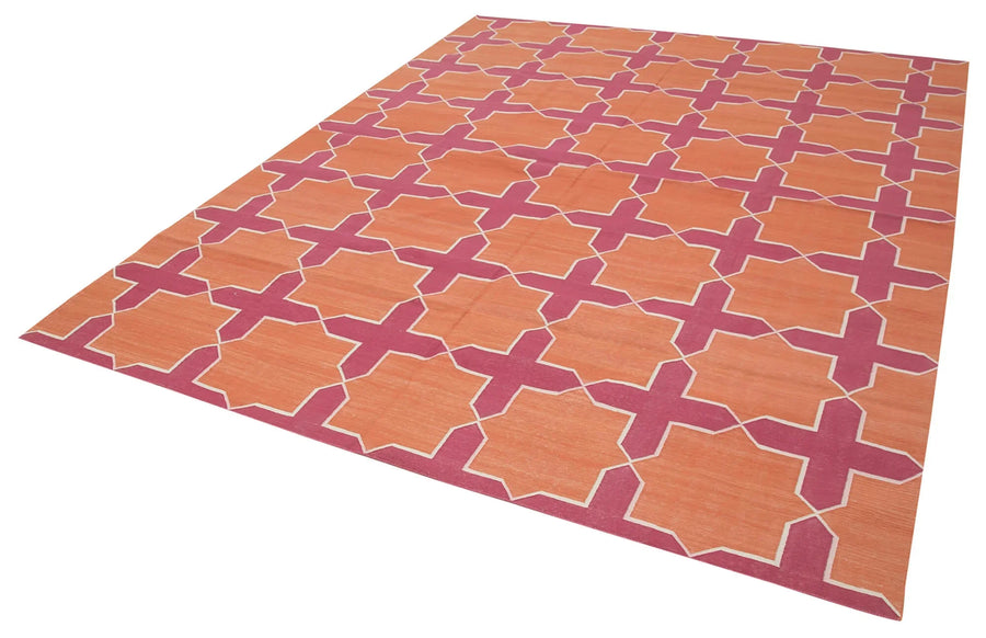 Geometric Duri Turuncu Geometrik Pamuk Yün El Dokuma Halısı 243x297 Agacan