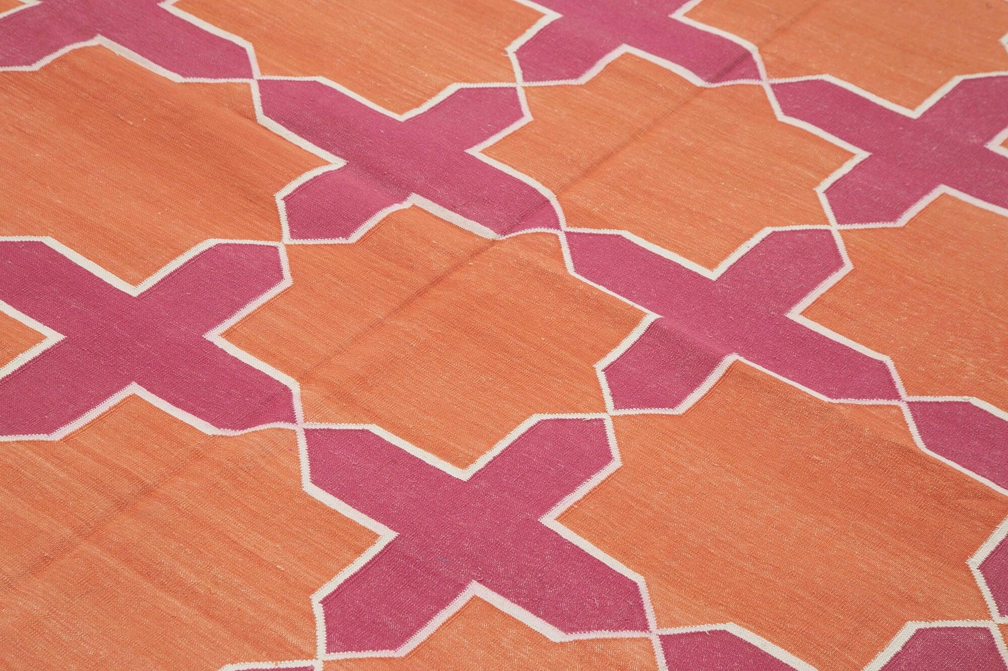 Geometric Duri Turuncu Geometrik Pamuk Yün El Dokuma Halısı 243x297 Agacan