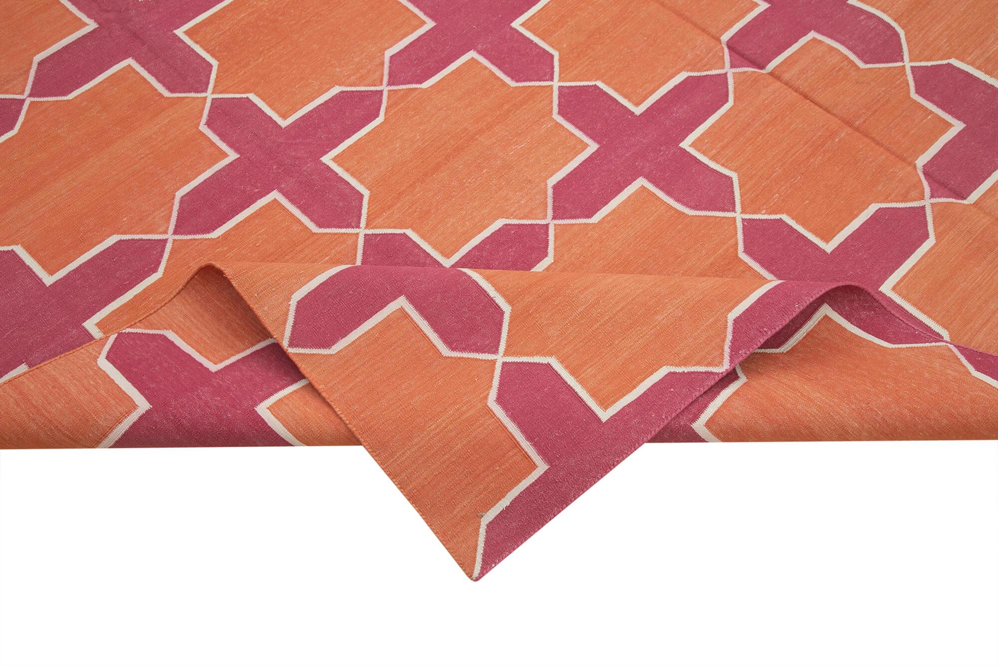 Geometric Duri Turuncu Geometrik Pamuk Yün El Dokuma Halısı 243x297 Agacan