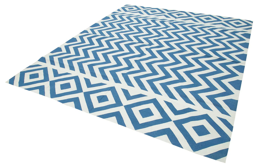 Geometric Duri Mavi Geometrik Pamuk Yün El Dokuma Halısı 242x297 Agacan