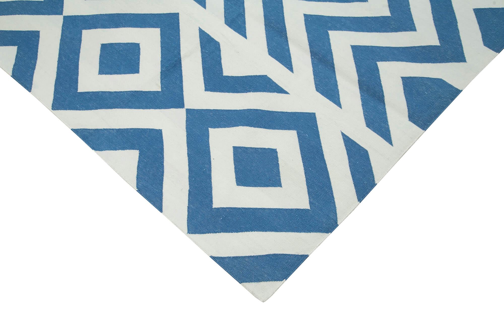 Geometric Duri Mavi Geometrik Pamuk Yün El Dokuma Halısı 242x297 Agacan