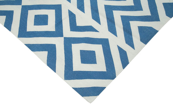 Geometric Duri Mavi Geometrik Pamuk Yün El Dokuma Halısı 242x297 Agacan