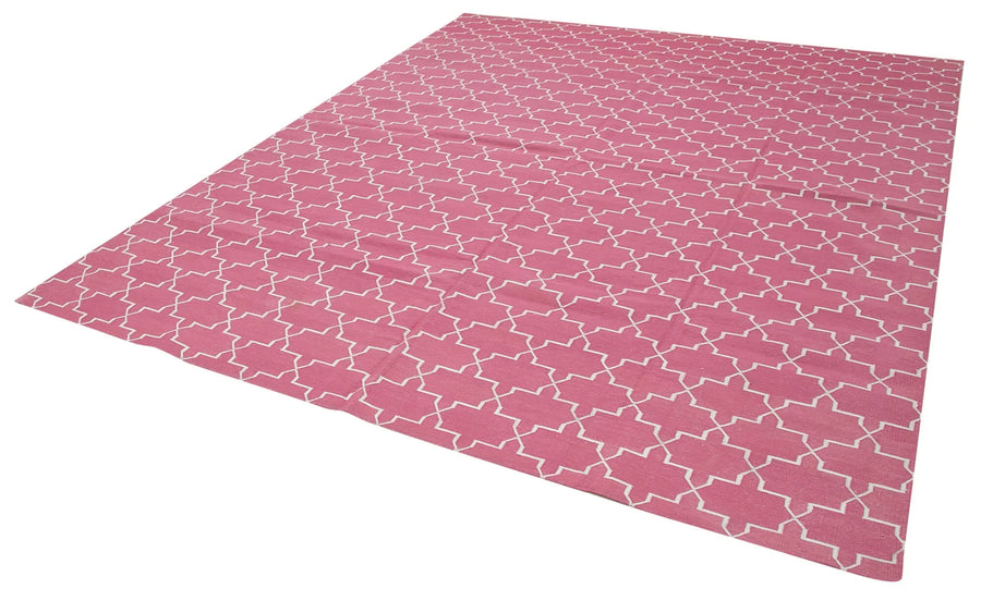 Geometric Duri Pembe Geometrik Pamuk Yün El Dokuma Halısı 247x297 Agacan