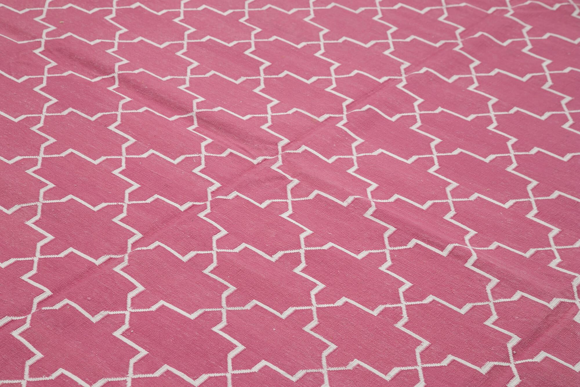 Geometric Duri Pembe Geometrik Pamuk Yün El Dokuma Halısı 247x297 Agacan
