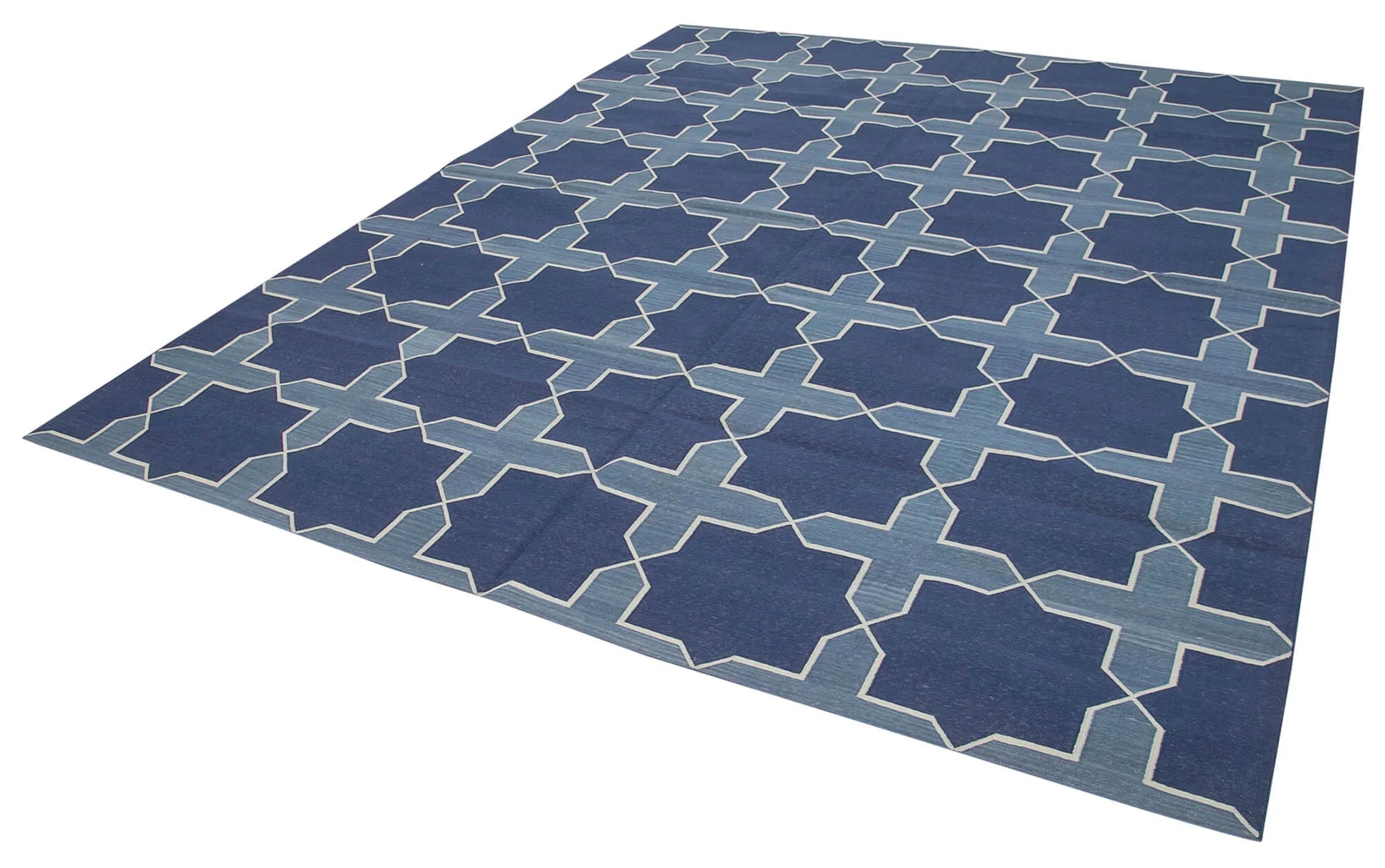 Geometric Duri Mavi Geometrik Pamuk Yün El Dokuma Halısı 250x300 Agacan