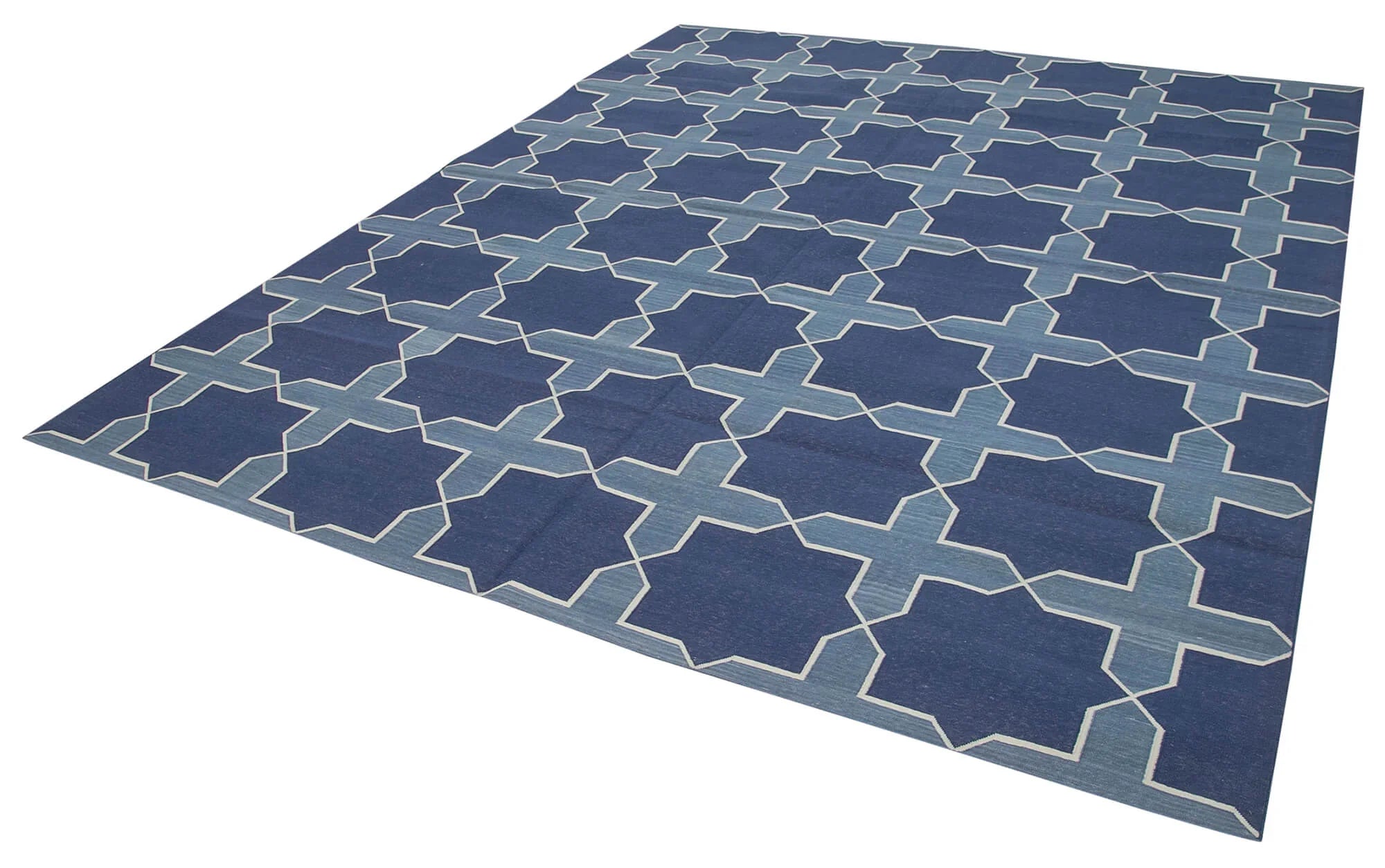 Geometric Duri Mavi Geometrik Pamuk Yün El Dokuma Halısı 250x300 Agacan