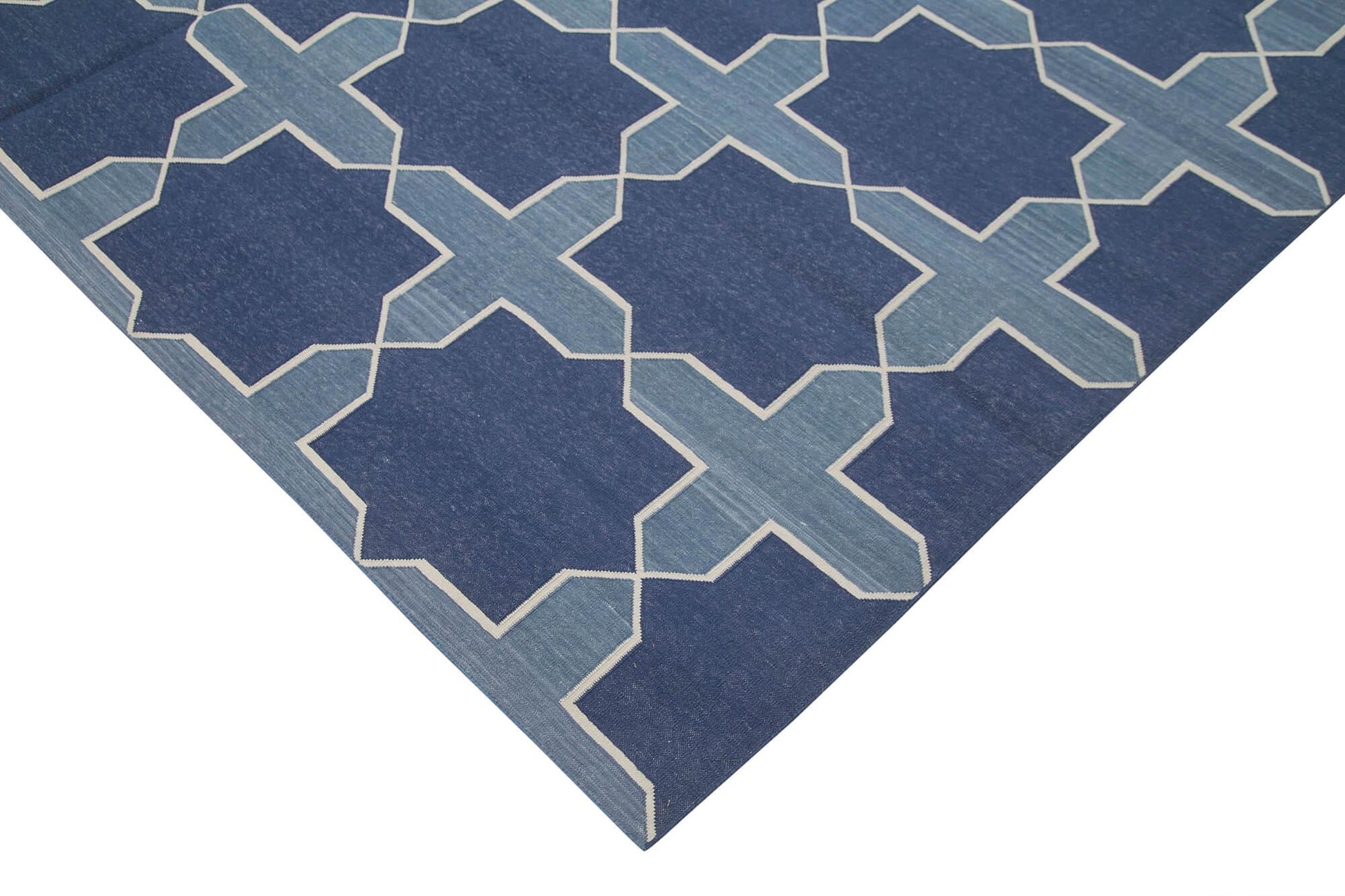 Geometric Duri Mavi Geometrik Pamuk Yün El Dokuma Halısı 250x300 Agacan