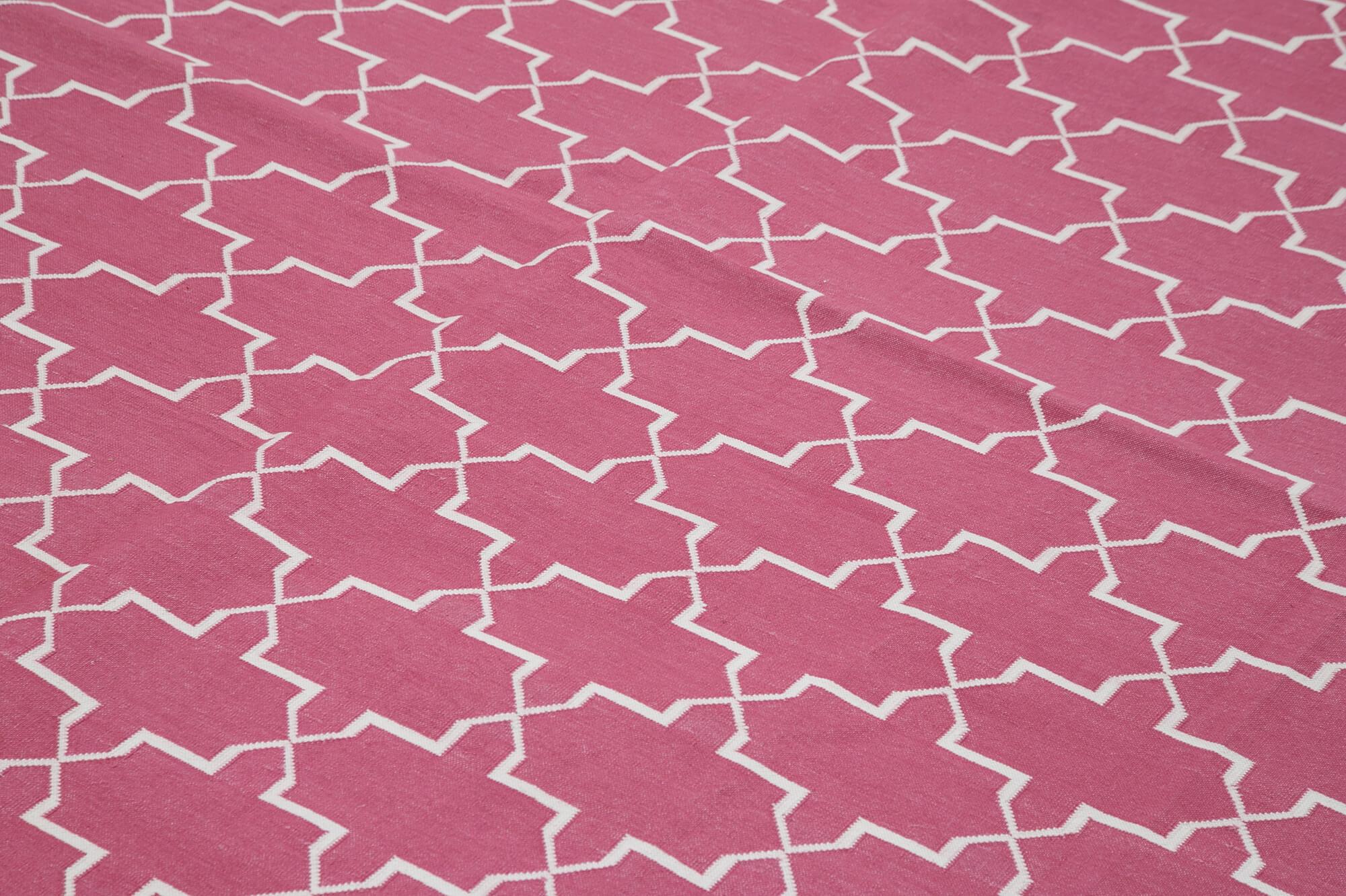 Geometric Duri Pembe Geometrik Pamuk Yün El Dokuma Halısı 277x362 Agacan