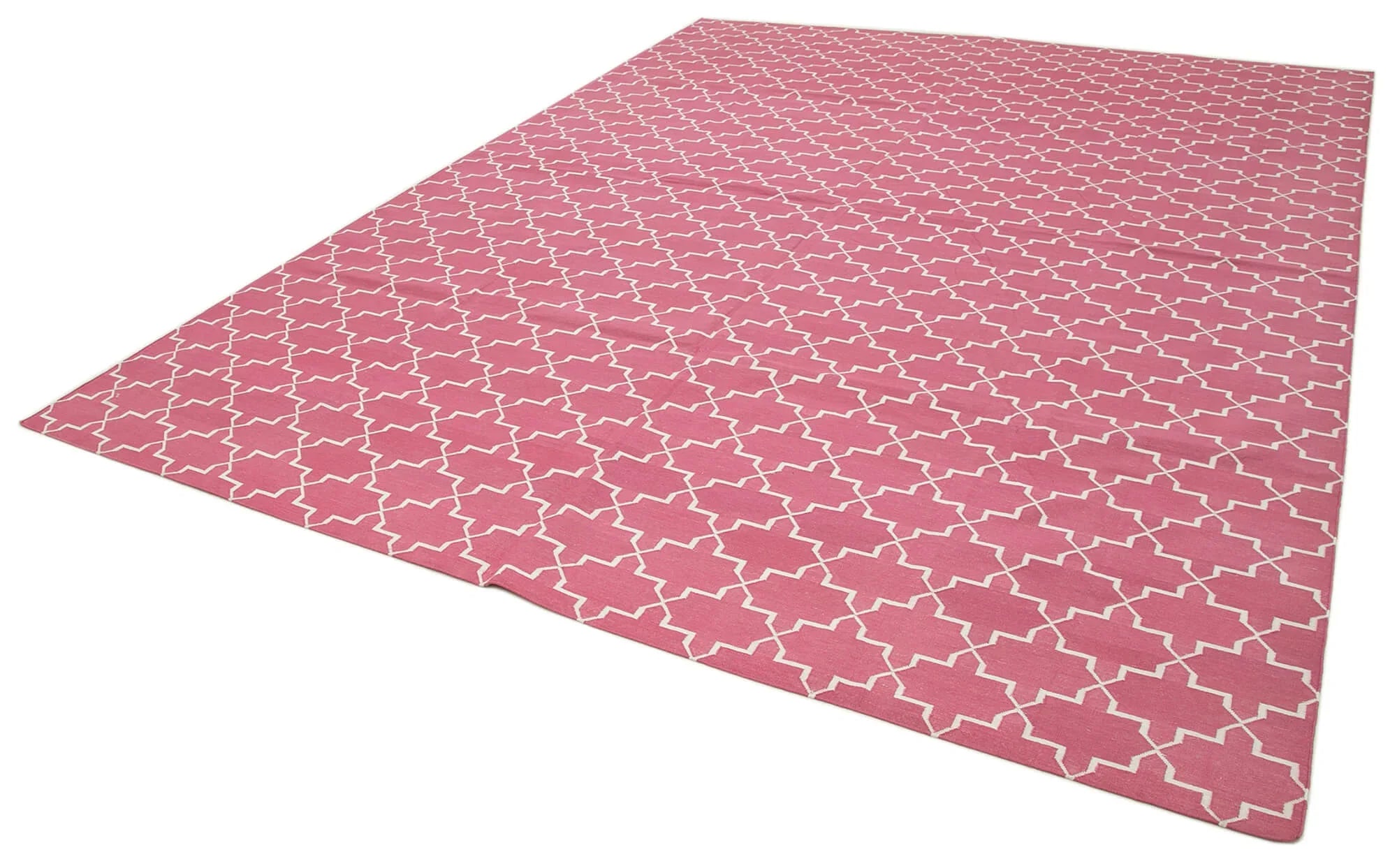 Geometric Duri Pembe Geometrik Pamuk Yün El Dokuma Halısı 275x360 Agacan