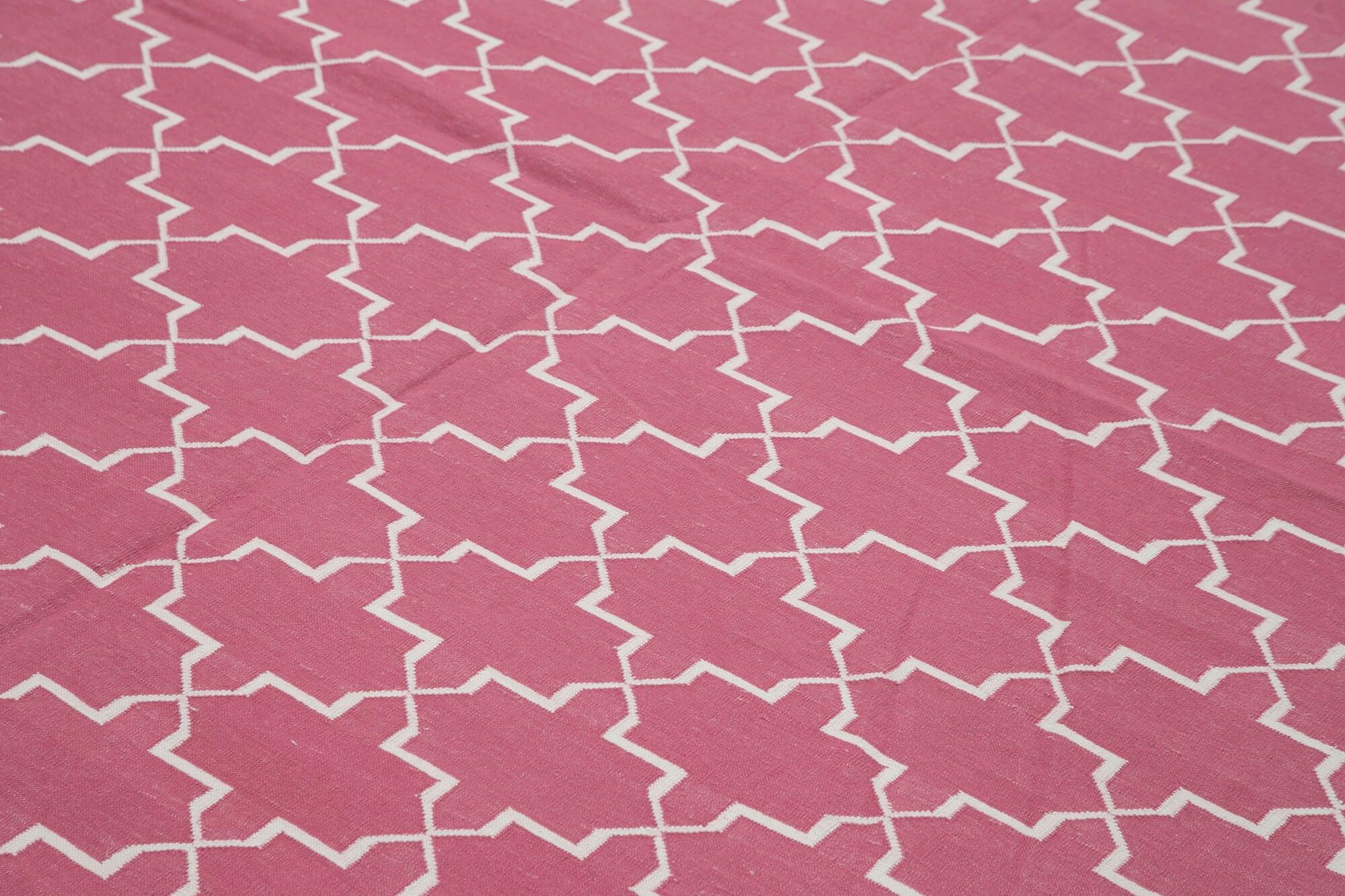 Geometric Duri Pembe Geometrik Pamuk Yün El Dokuma Halısı 275x360 Agacan