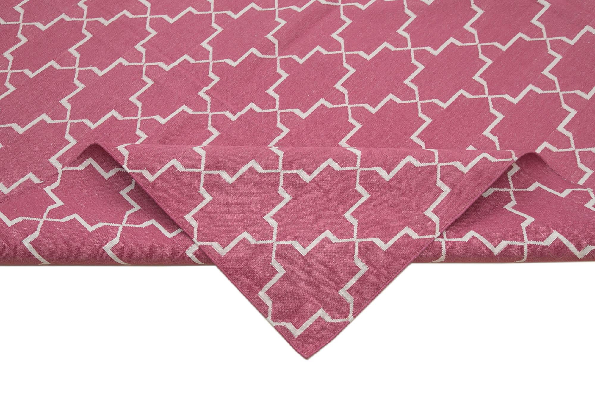 Geometric Duri Pembe Geometrik Pamuk Yün El Dokuma Halısı 275x360 Agacan