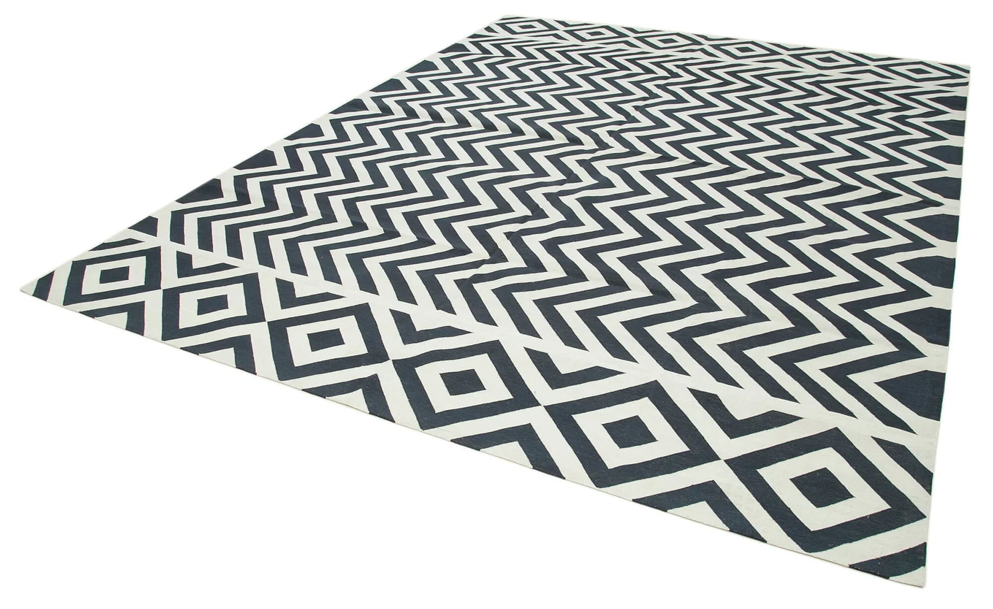 Geometric Duri Siyah Geometrik Pamuk Yün El Dokuma Halısı 278x362 Agacan