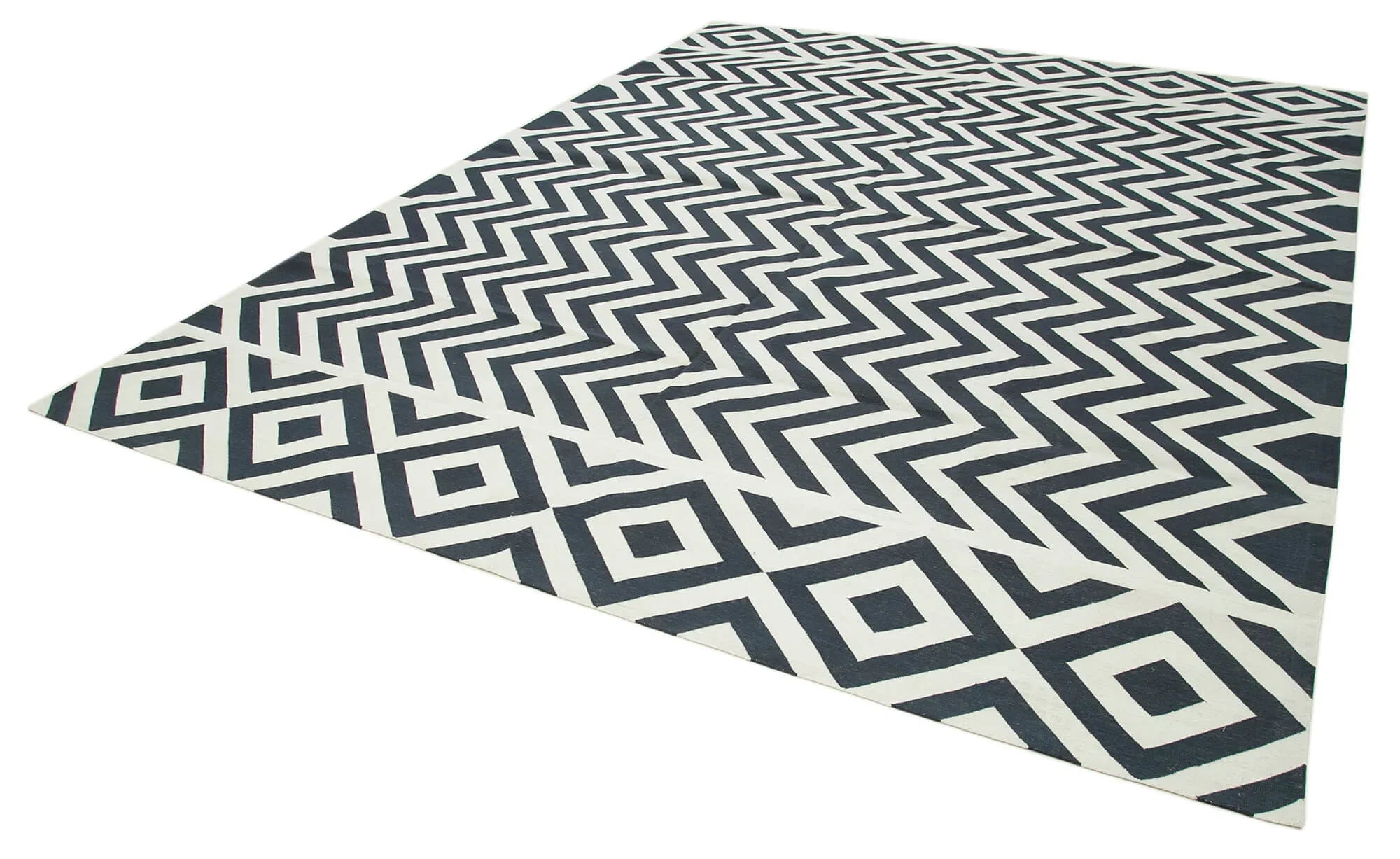 Geometric Duri Siyah Geometrik Pamuk Yün El Dokuma Halısı 278x362 Agacan