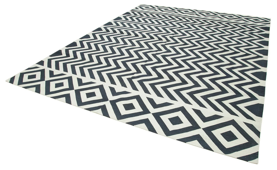 Geometric Duri Siyah Geometrik Pamuk Yün El Dokuma Halısı 278x362 Agacan
